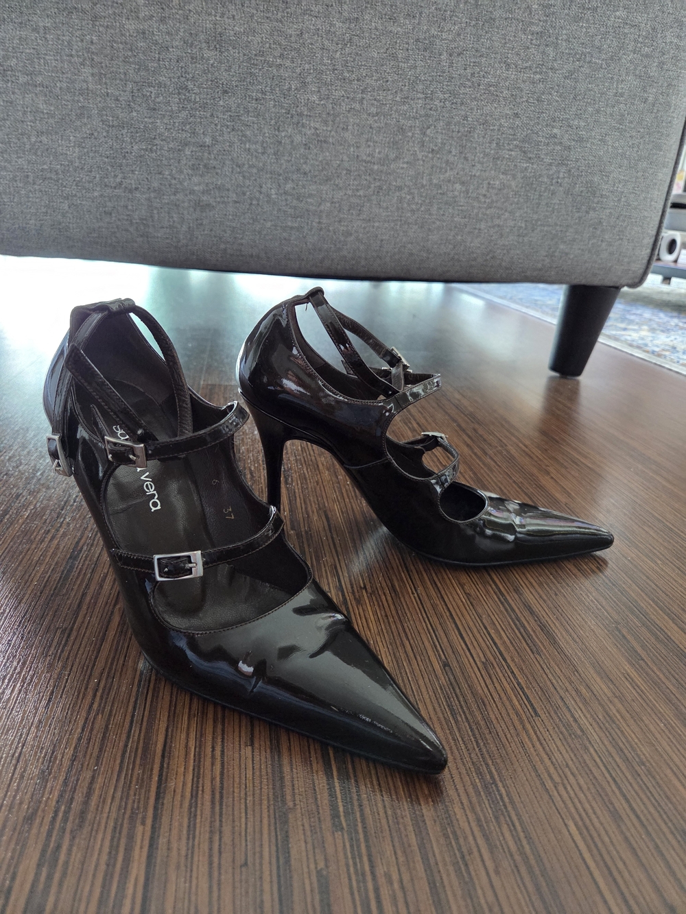 Chocolate Brown Patent Pointed-Toe Strappy Heels